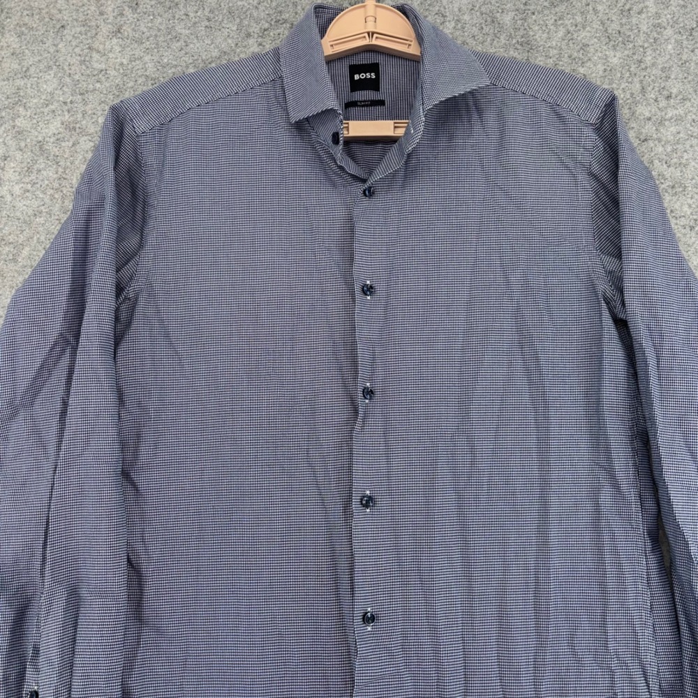 Hugo Boss Slim Fit Mens 15.5 39 Navy Blue Micro Check Button Down Shirt LS